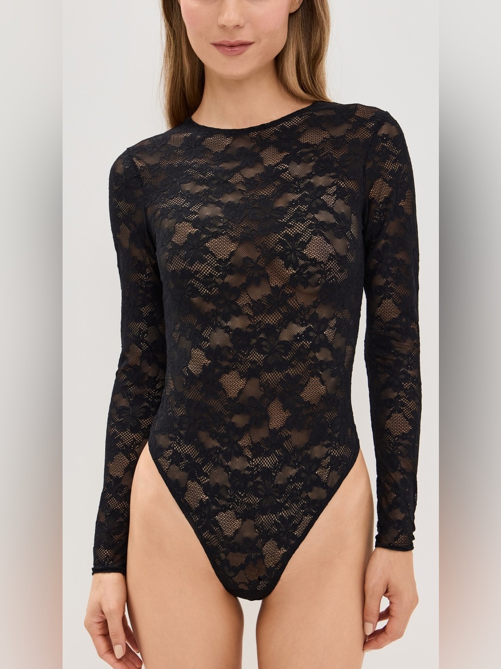 Zara Black Floral Lace Long-Sleeve Bodysuit